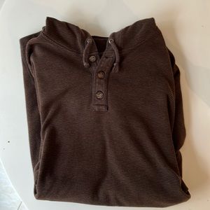 Duluth Trading Co long sleeve Henley with hood in chocolate brown